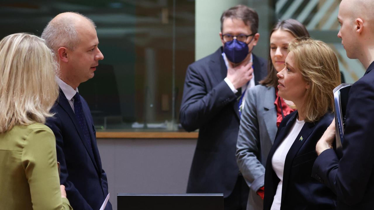 Till höger Sveriges klimatminister Annika Strandhäll under torsdagens ministerråd i Bryssel i samtal med sin litauiske motsvarighet Simonas Gentvilas.