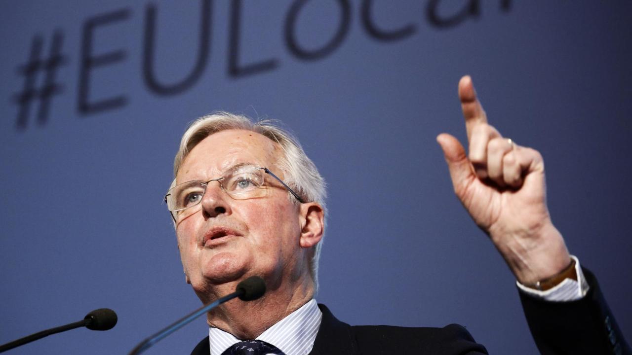 EU:s brexitchefsförhandlare Michel Barnier under torsdagens tal i rumänska Bukarest.