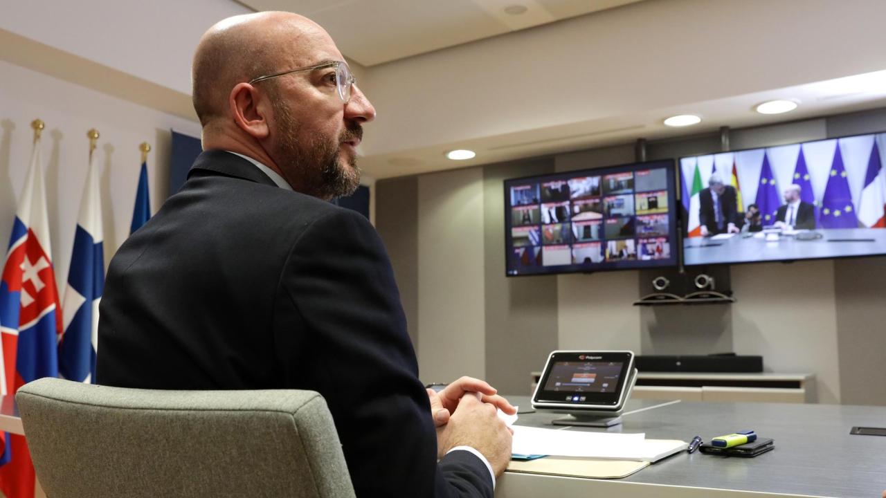 Europeiska rådets ordförande Charles Michel under tisdagens EU-videokonferenstoppmöte.