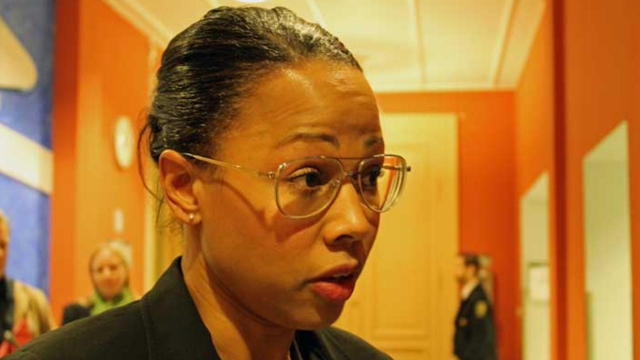 Kulturminister Alice Bah Kuhnke (MP) intervjuas utanför EU-nämndens lokaler i riksdagen.