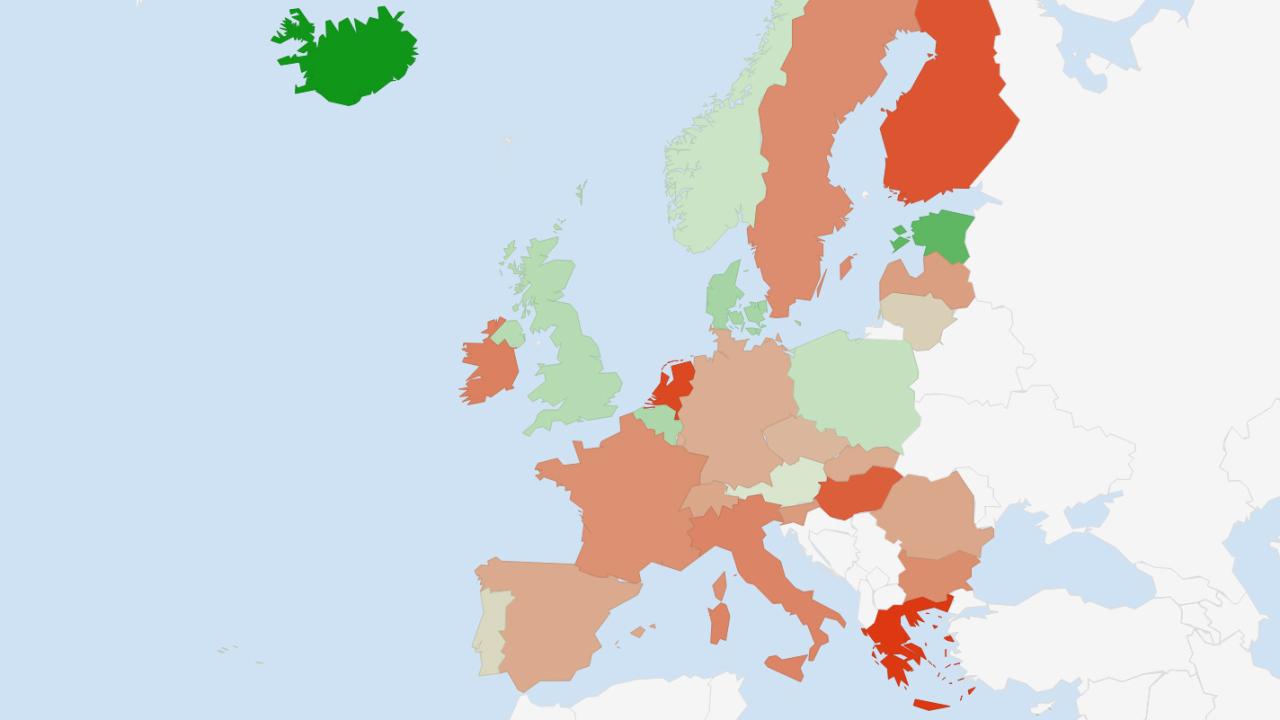 Förändring i antalet nyregistrerade bilar. I de rödfärgade länderna minskade nyregistreringen och i de gröna ökade den.