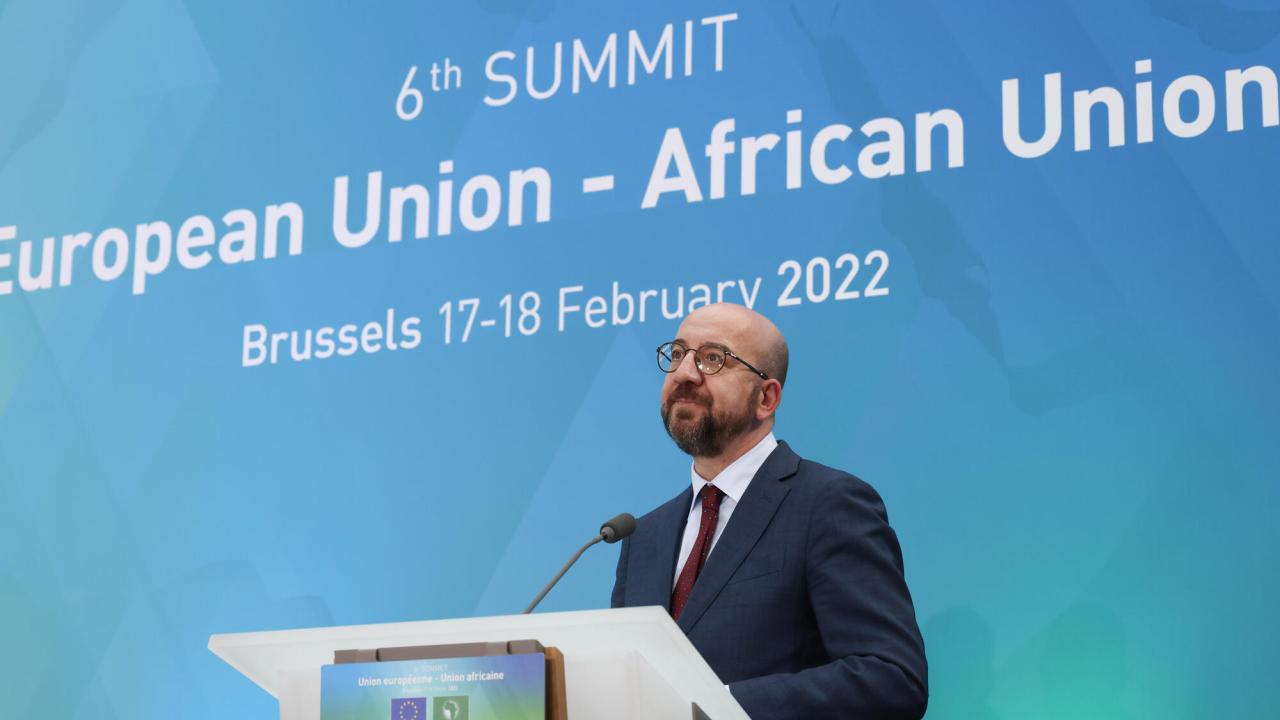 Rådet ordförande Charles Michel öppnar toppmötet mellan EU och Afrikanska unionen i Bryssel den 17 februari 2022.
