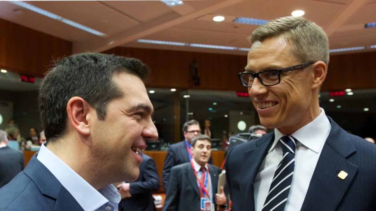 Greklands premiärminister Alexis Tsipras och Finlands finansminister Alexander Stubb. Arkivbild.