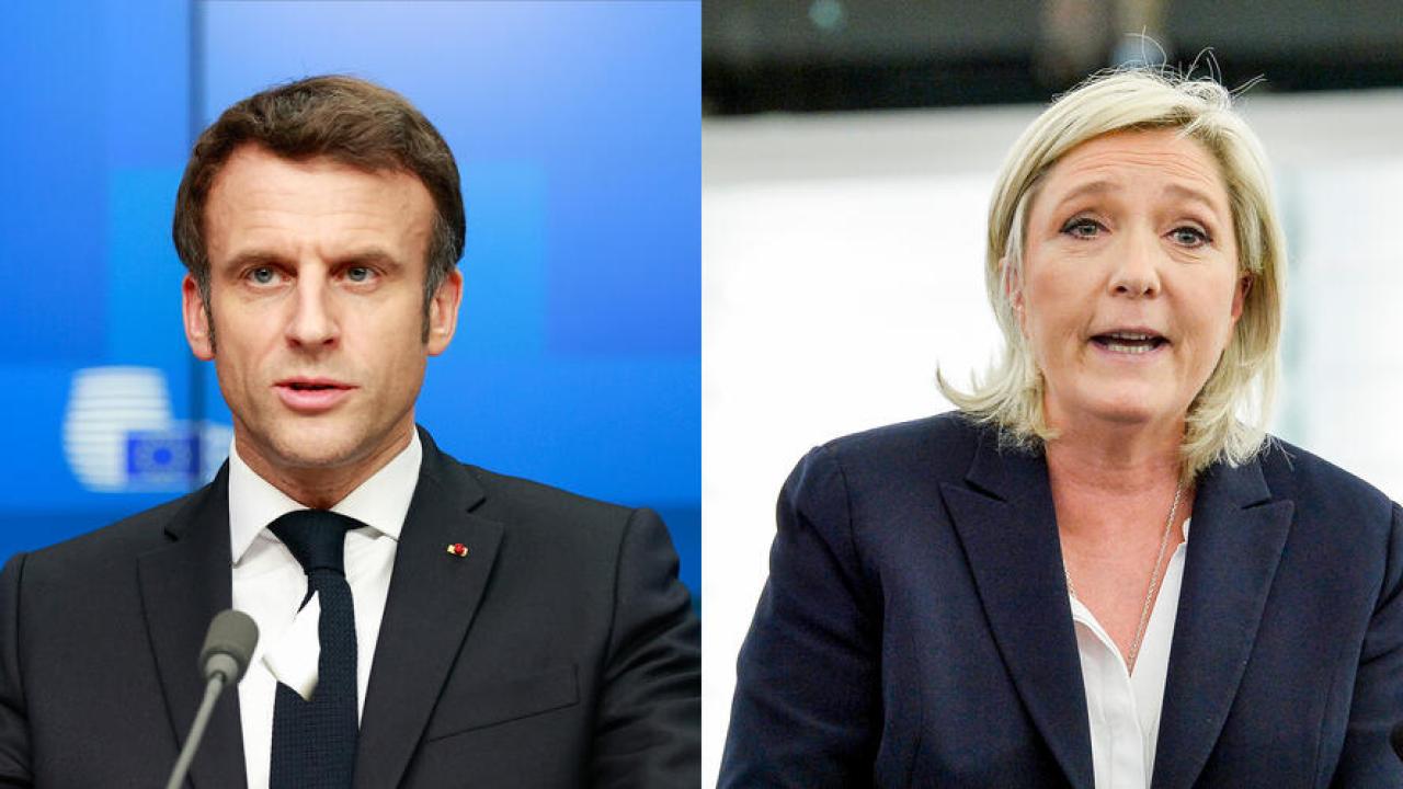 EU-vurmaren Emmanuel Macron står mot EU-skeptikern Marine Le Pen i söndagens franska presidentval. 