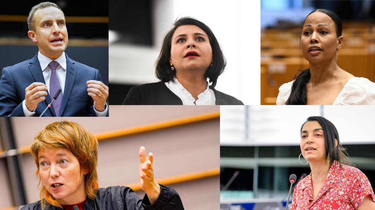 Övre raden Tomas Tobé (M), Abir Al-Sahlani (C) och Alice Bah Kuhnke (MP). Nedre raden: Malin Björk (V) och Evin Incir (S). 