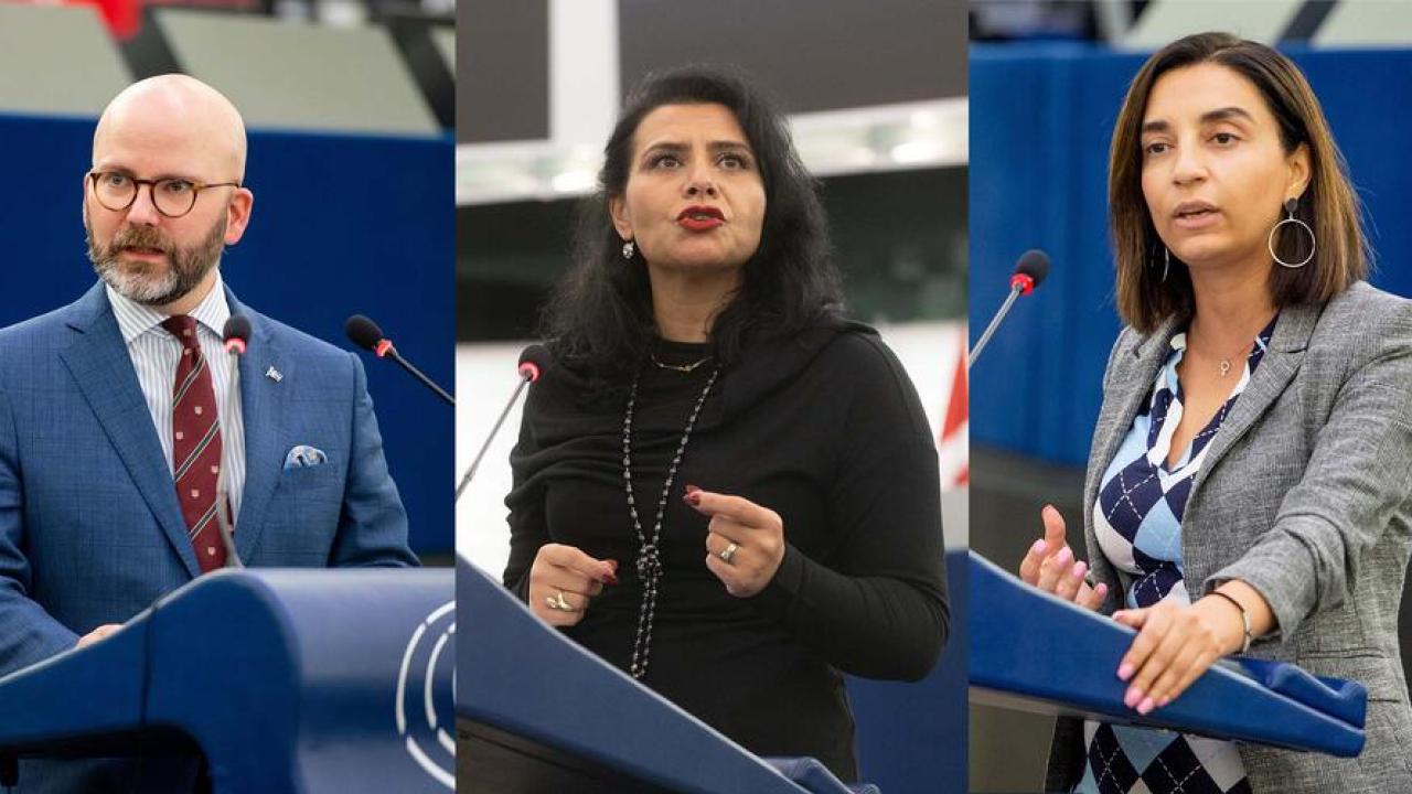 De svenska Europaparlamentarikerna Charlie Weimers (SD), Abir Al-Sahlani (C) och Evin Incir (S) är några av de parlamentariker som kräver en förändring av EU-kommissionen. 