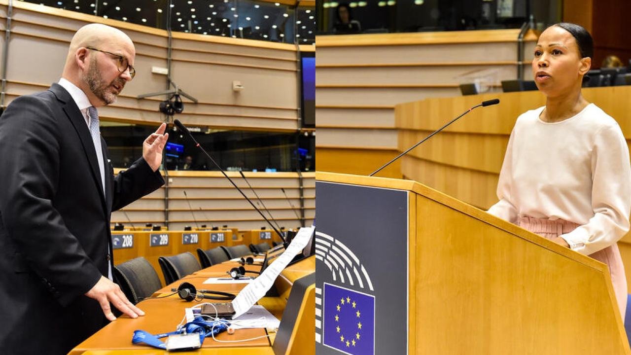 Charlier Weimers (SD) och Alice Bah Kuhnke (MP) i torsdagens debatt. 