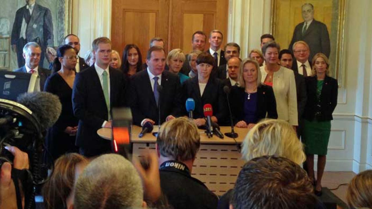 Den röd-gröna regeringens första presskonferens i riksdagshuset 3 okt 2014.