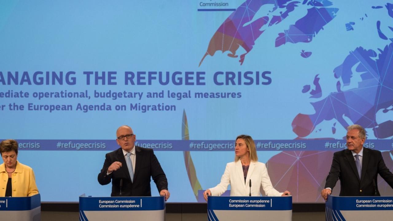 EU-kommissionärerna Kristalina Georgieva, Frans Timmermans, Federica Mogherini och Dimitris Avramopoulos