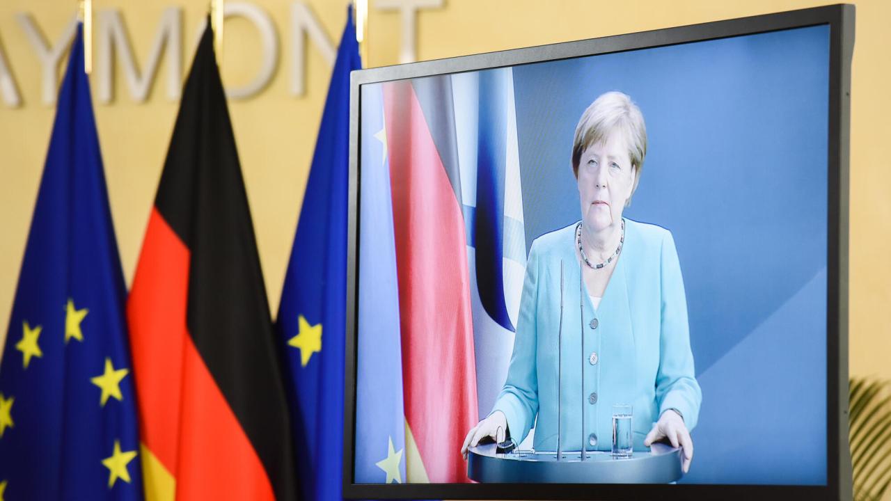Den tyska förbundskanslern Angela Merkel deltog i debatten på vidolänk. Arkivbild.