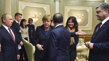Vladimir Putin, Angela Merkel, François Hollande och Petro Porosjenko under Minskmötet. 