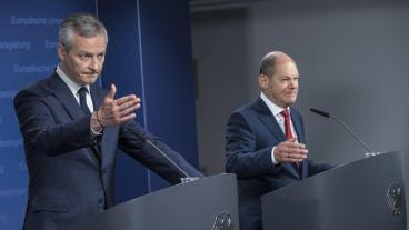 Frankrikes finansminister Bruno Le Maire och Tysklands finansminister Olaf Scholz presenterade sitt förslag till en budget för euroområdet. Arkivbild. 
