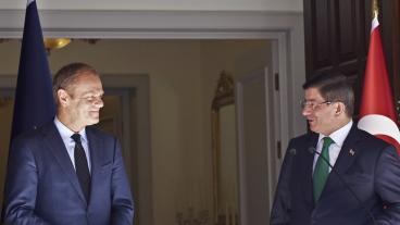 Europeiska rådets ordförande Donald Tusk och Turkiets premiärminister Ahmet Davutoğlu. Arkivbild.