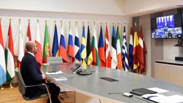 Europeiska rådets ordförande Charles Michel under onsdagens EU-toppmöte på videolänk. 