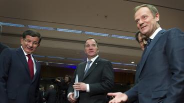 Turkiets premiärminister Ahmet Davutoğlu, statsminister Stefan Löfven och Europeiska rådets ordförande Donald Tusk.