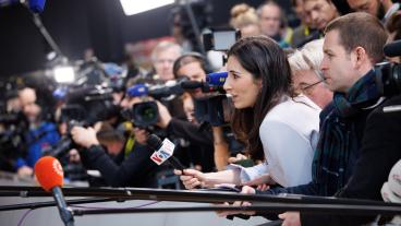 Journalister som bevakar EU-toppmötet i Bryssel 15 december 2022.