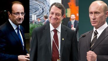 Tre presidenter: Frankrikes François Hollande, Cyperns Nicos Anastasiades och Rysslands Vladimir Putin.