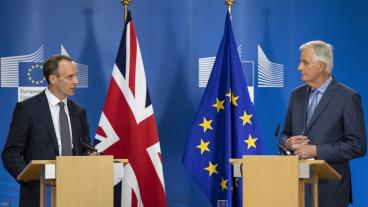 Den brittiske brexitministern Dominic Raab och EU:s brexitförhandlare Michel Barnier.