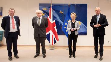 Från vänster till höger: David Frost, Boris Johnson, Ursula Von der Leyen och Michel Barnier. Arkivbild.
