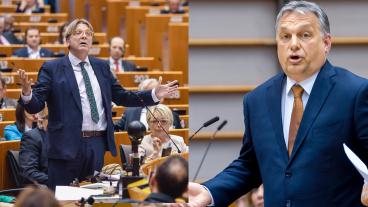 Den liberala Alde-gruppens ordförande Guy Verhofstadt och Ungerns nationalkonservative premiärminister Viktor Orbán vi onsdagens debatt.